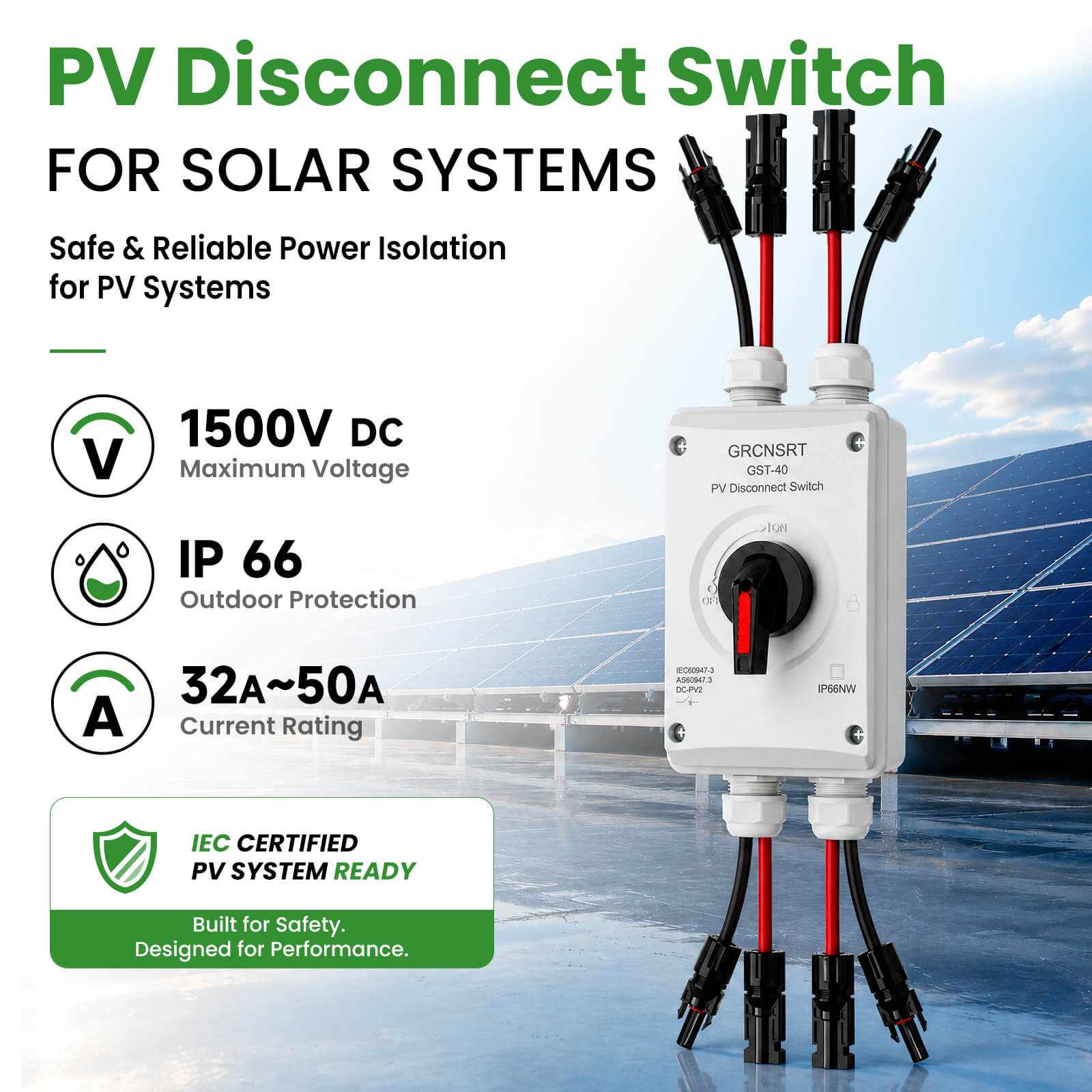 PV Disconnect Switch, 32A 1200V DC Isolator with MC4 and Wire, Black