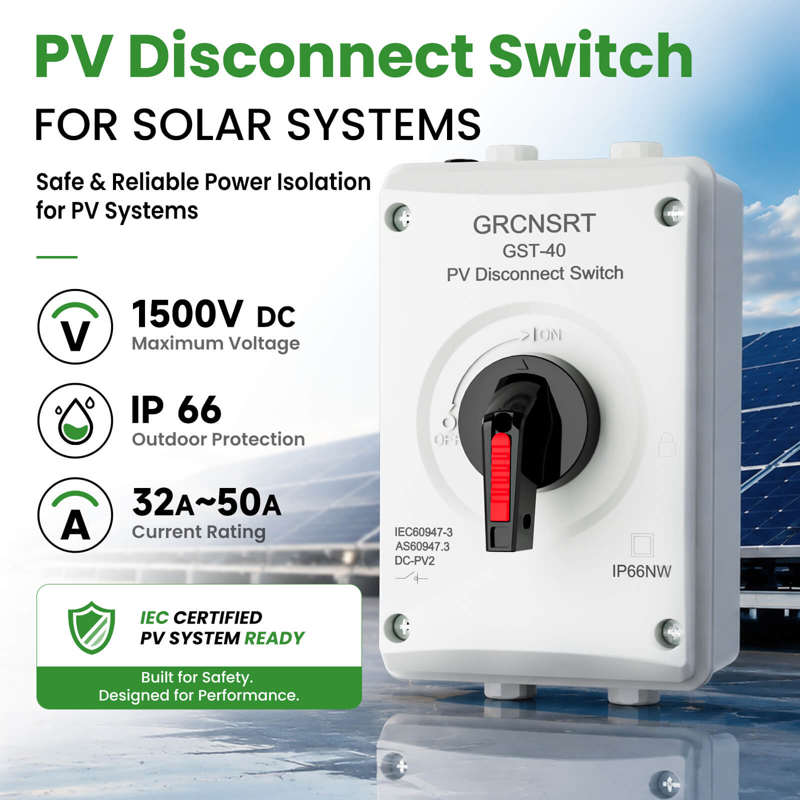 PV Disconnect Switch, 32A 1200V DC Isolator with water plug, Black