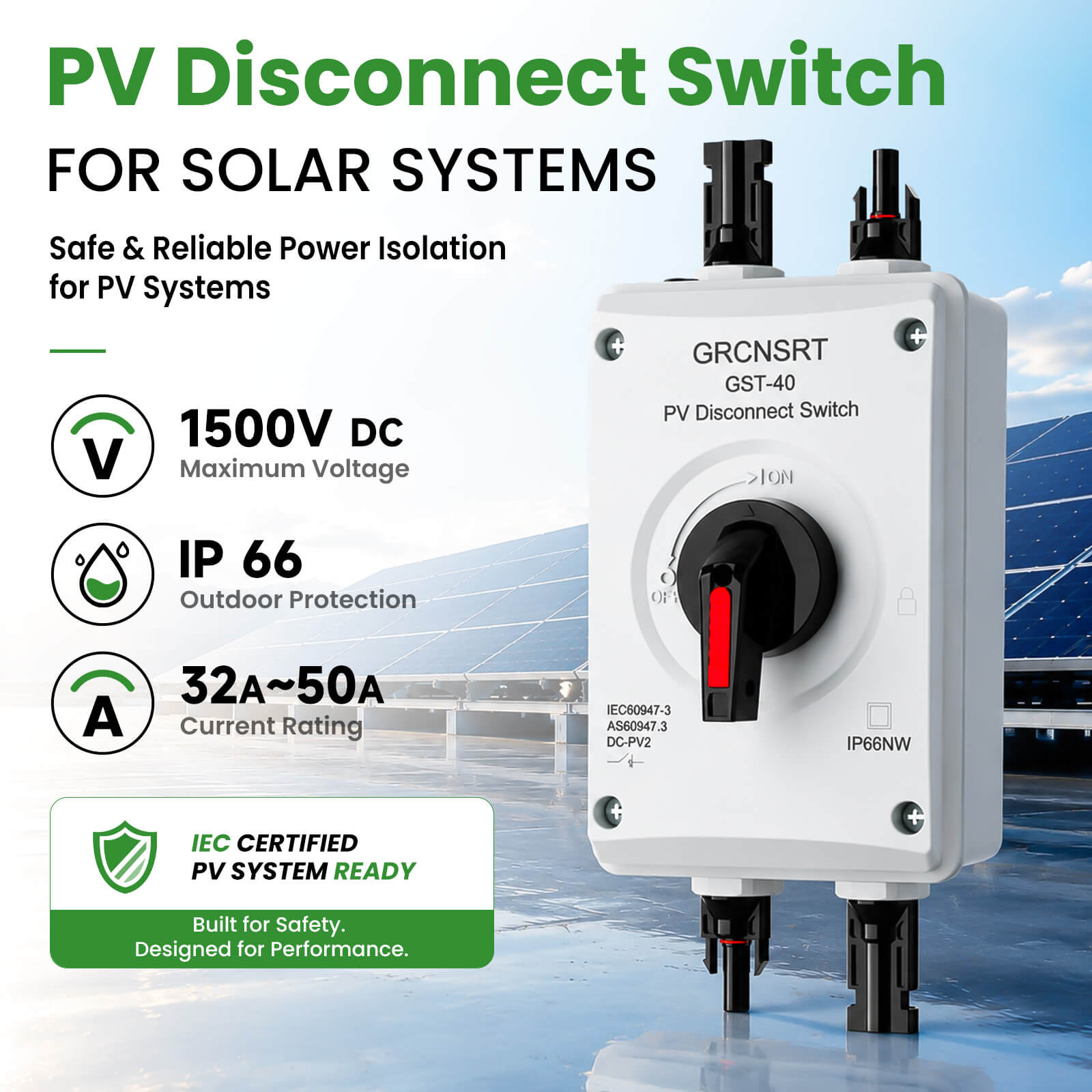 PV Disconnect Switch, 32A 1200V DC Isolator with MC4, Black