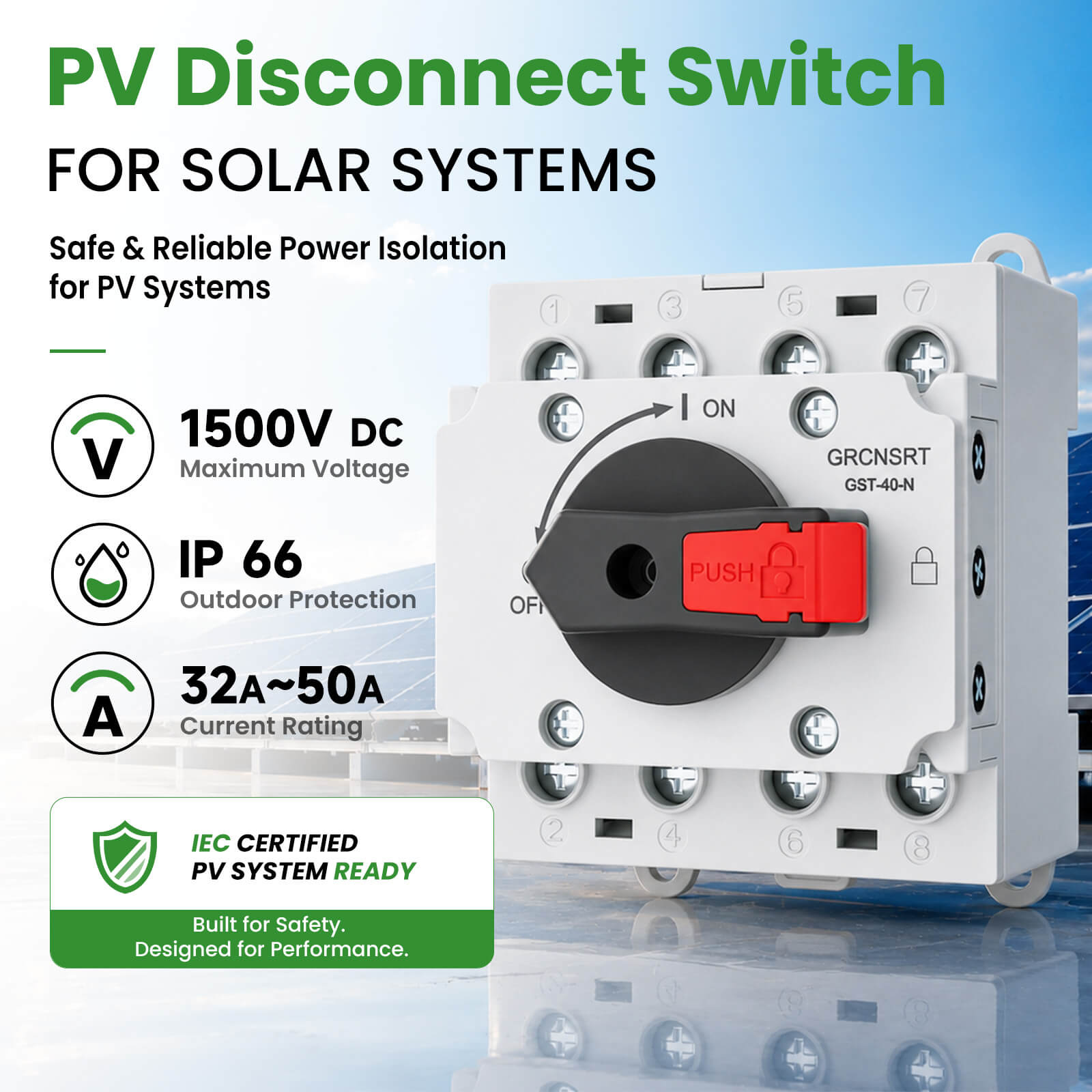 PV Disconnect Switch, 32A 1200V DC Isolator Without casing, Black